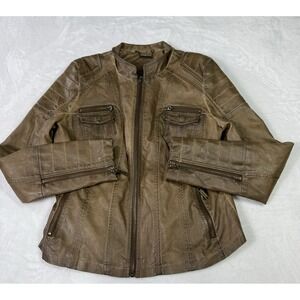 JouJou Leather Jacket Womens Large Chocolate Brown Moto Biker Bomber Aviator